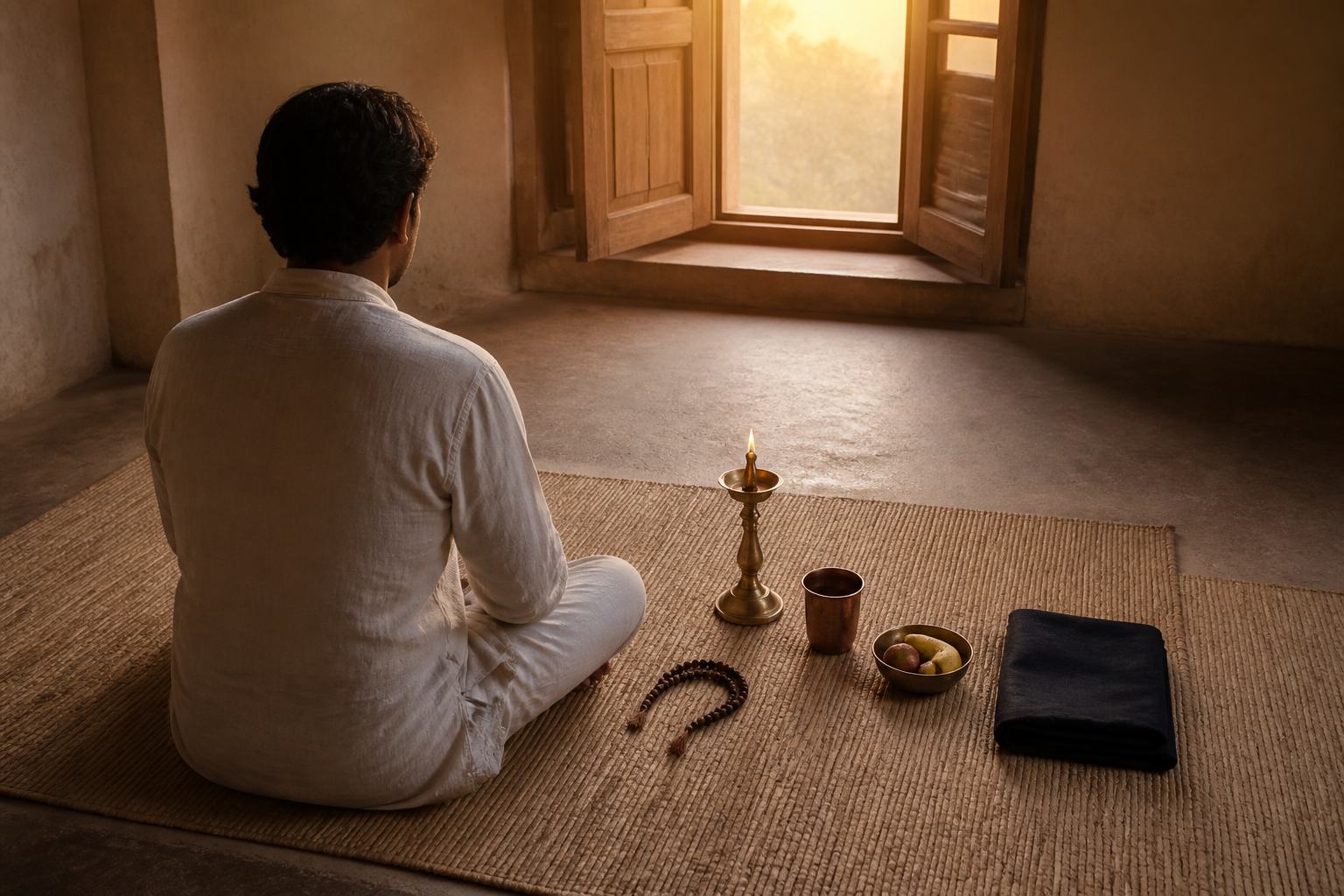 A seated devotee arranges prayer beads, a brass lamp, water, fruit and a folded dark garment on a simple mat at dawn.