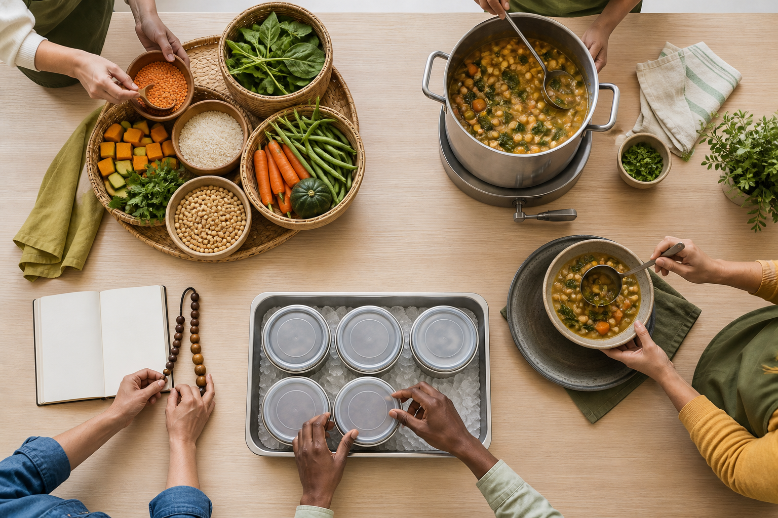 An overhead view of volunteers' hands working across stations for measuring ingredients, cooking, portioning meals, sealing surplus, and recording counts in a blank ledger.
