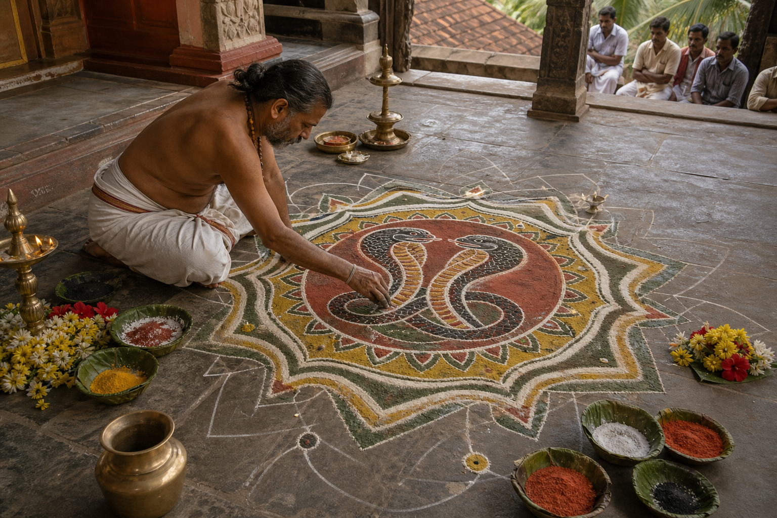 A ritual specialist uses colored powder to form an intertwined serpent design in a coastal temple courtyard as participants wait nearby.