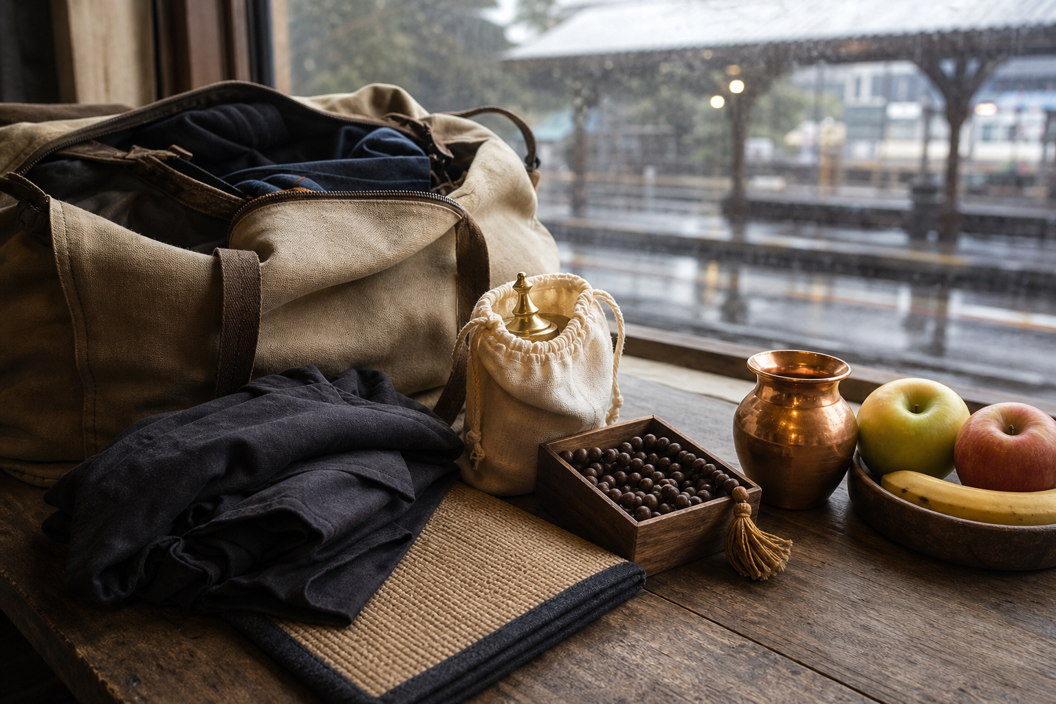 A compact devotional kit with a brass lamp, prayer beads, copper vessel, dark clothing, fruit and a mat is arranged beside a travel bag on a rainy day.