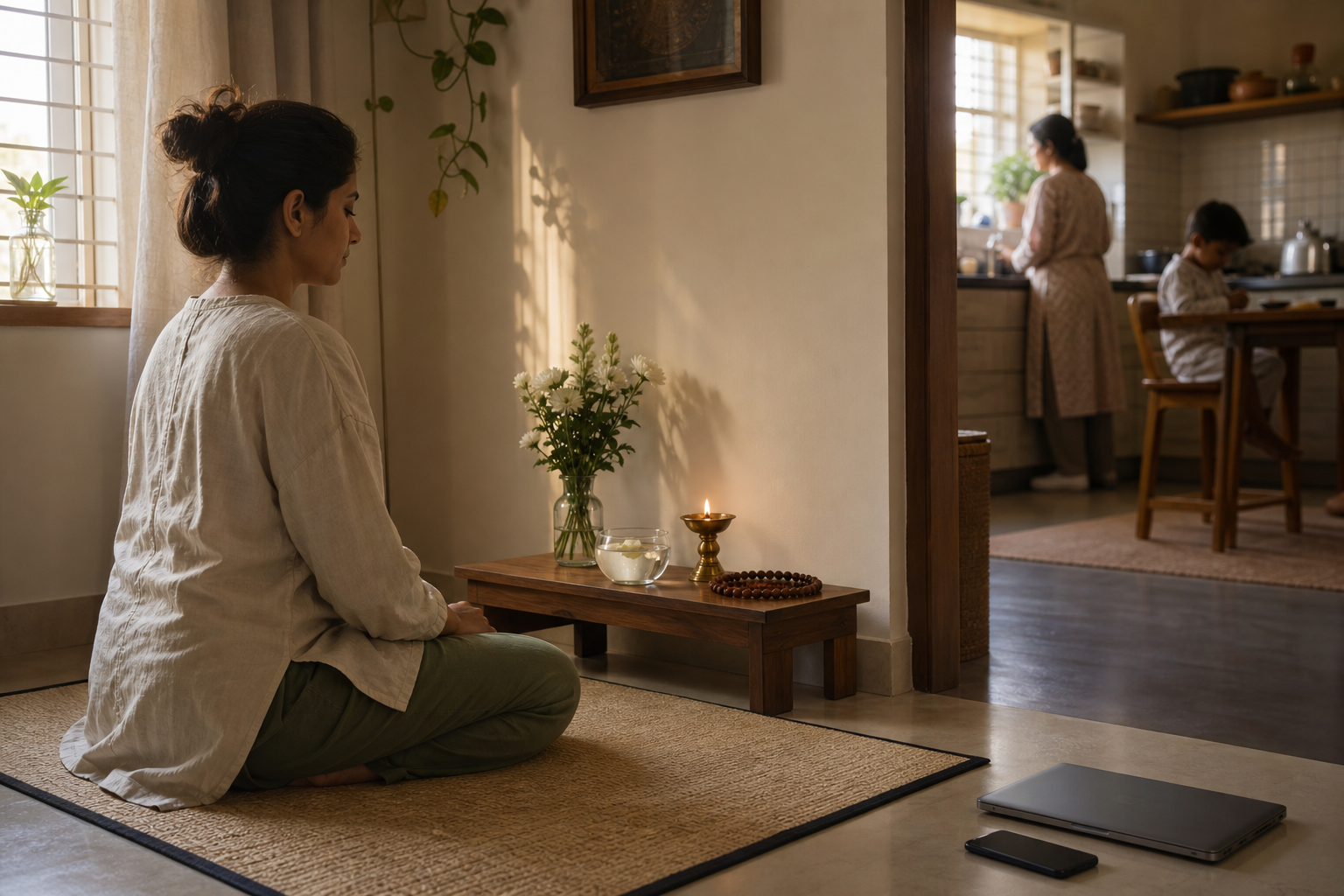 A person meditates on a mat before a small lamp and flowers while morning family life begins in the adjoining room and a closed laptop and phone remain outside the practice space.
