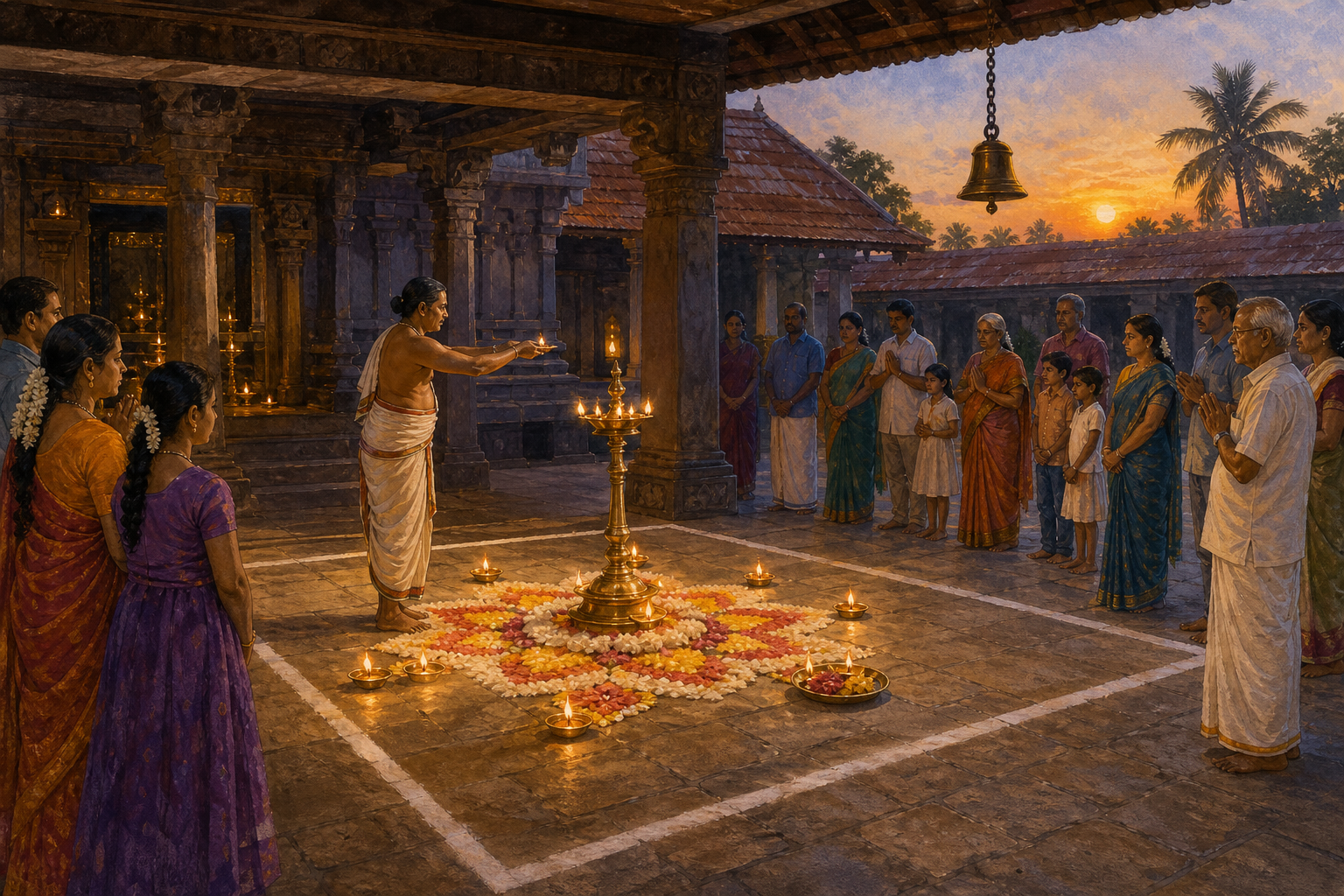 An officiant tends a central lamp and ground design in a marked temple courtyard while families observe from the boundary at twilight.