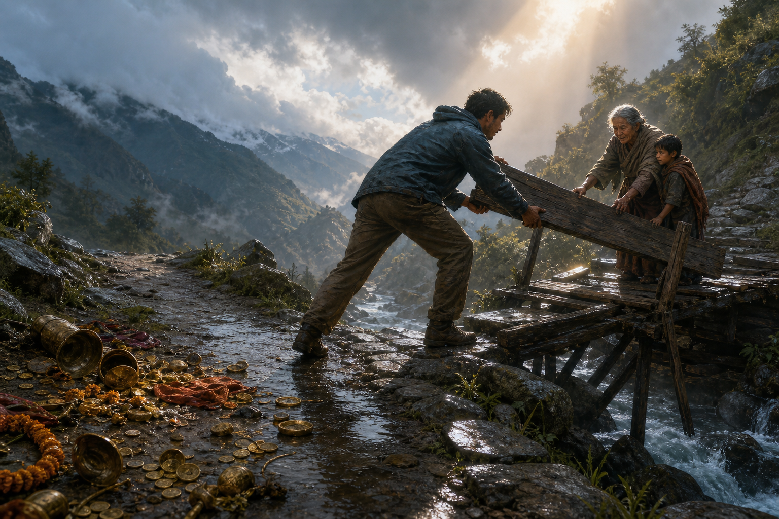 At a storm-damaged mountain crossroads, a traveler chooses to help an older person and a child repair a footbridge instead of following a path toward scattered valuables.