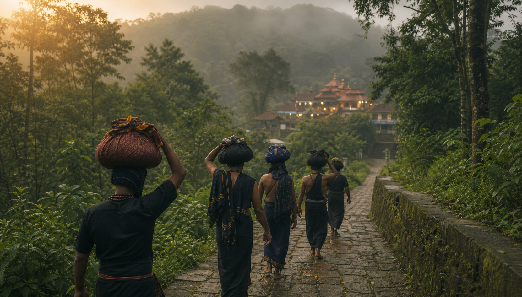 Ayyappa devotees in black and blue clothing carry cloth-wrapped irumudi bundles along a misty forest pilgrimage path at dawn.