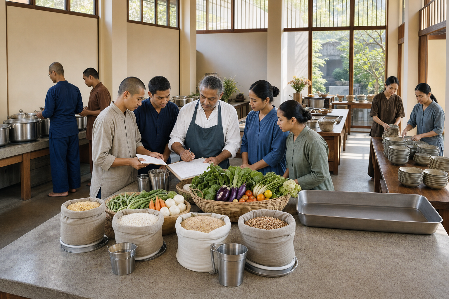 Community kitchen volunteers measure ingredients and arrange reusable bowls and surplus containers before any cooking pots are lit.