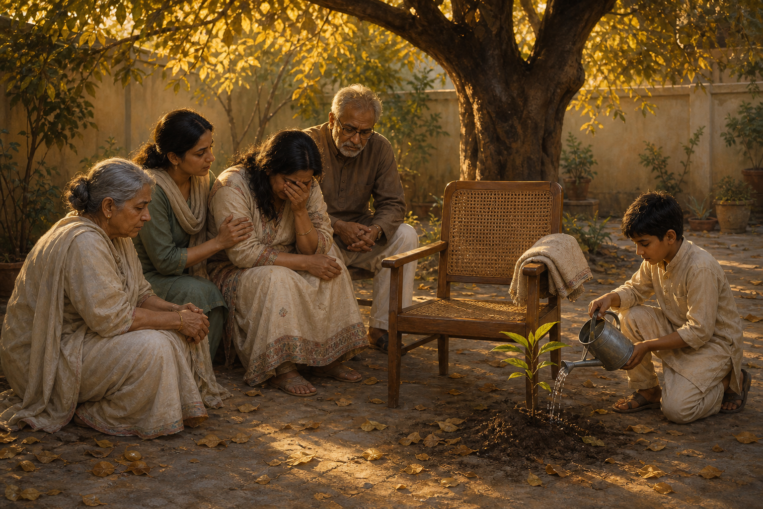 A grieving family gathers beside an empty chair while a child waters a young sapling in a sunlit courtyard.