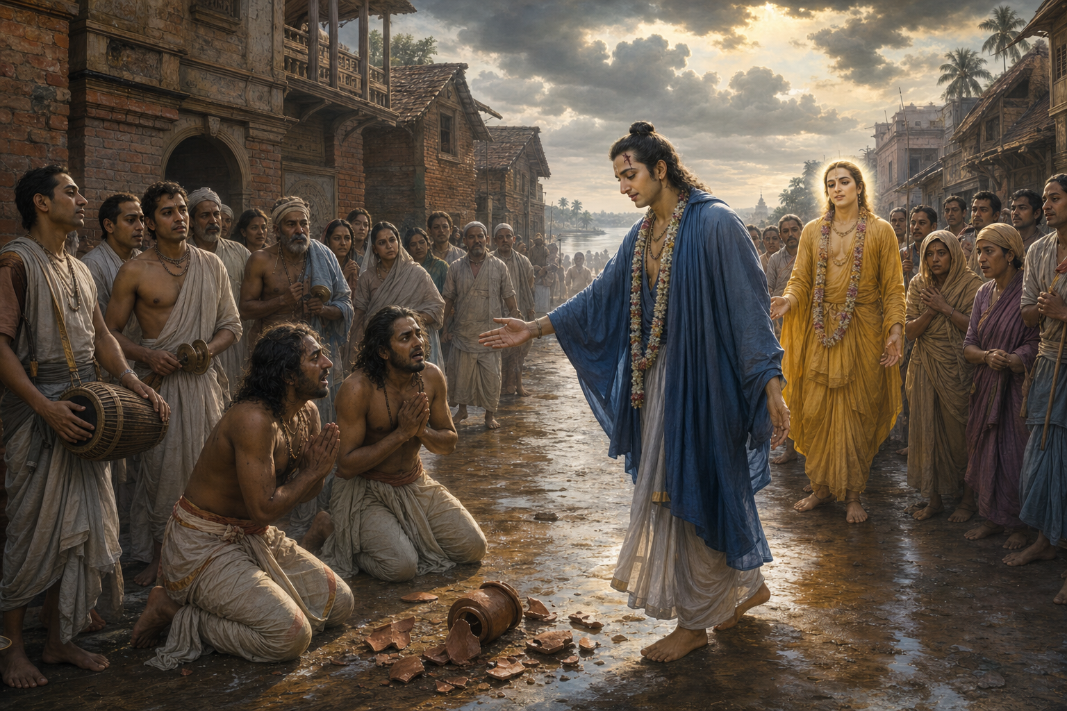 Nityananda Prabhu intercedes as the remorseful Jagai and Madhai kneel before him and Sri Chaitanya in a Bengali village street.