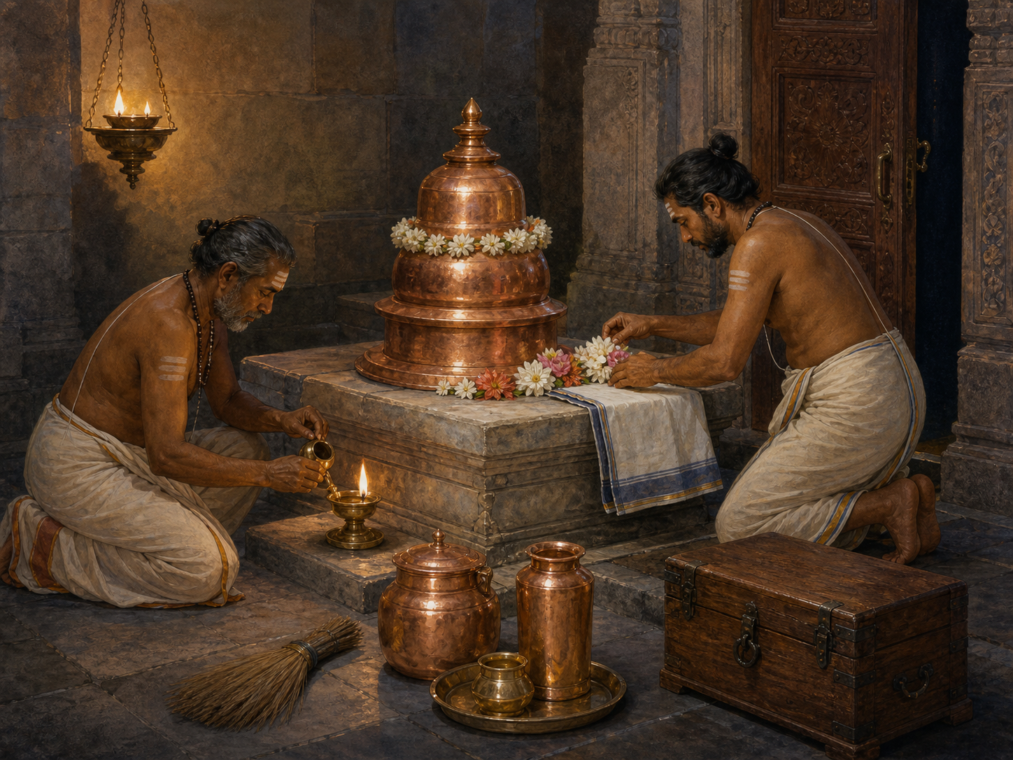 Two temple caretakers replenish a lamp, flowers, and protective cloth around a copper ritual vessel on a maintained platform.