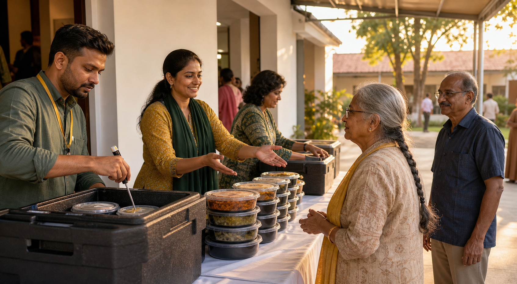 Volunteers distribute sealed surplus meals from insulated carriers at an accessible table while checking food temperature and welcoming guests at eye level.