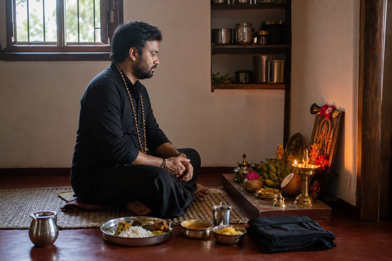 An Ayyappa devotee wearing black and a bead mala performs morning worship beside a brass lamp in a simple home prayer space.