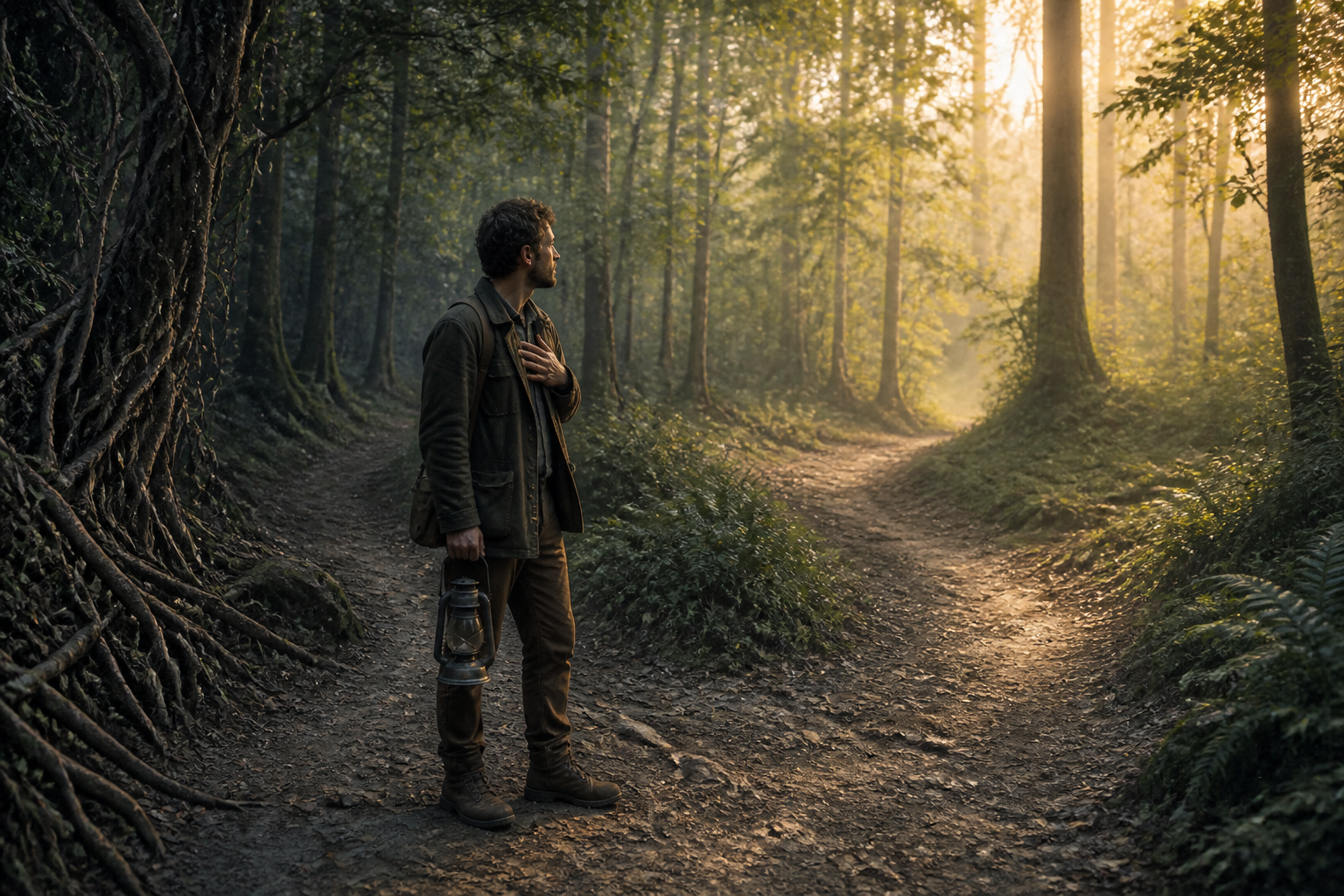 A solitary traveler pauses at a fork in a misty forest path between tangled roots and a sunlit clearing at dawn.