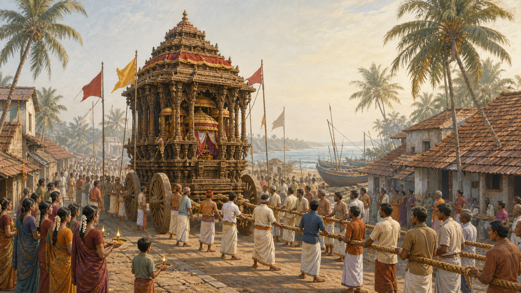 A carved wooden temple chariot is pulled through a coastal village as residents offer flowers and lamps beside palm trees and the sea.