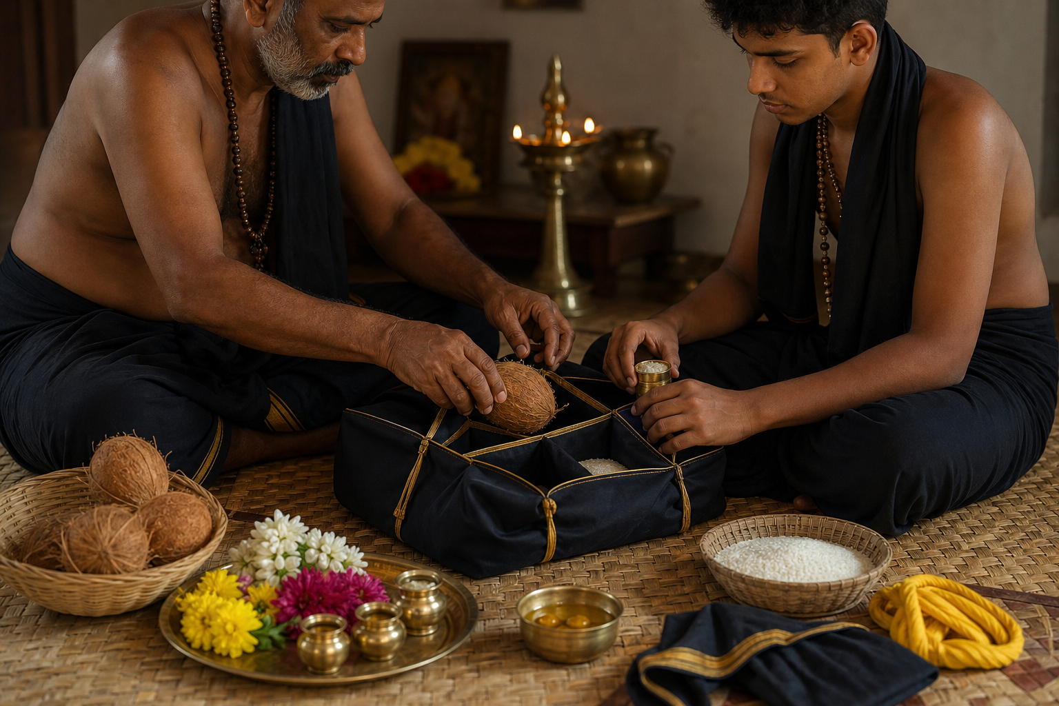Two Ayyappa devotees carefully arrange coconuts, rice, and puja materials while preparing a traditional irumudi bundle.