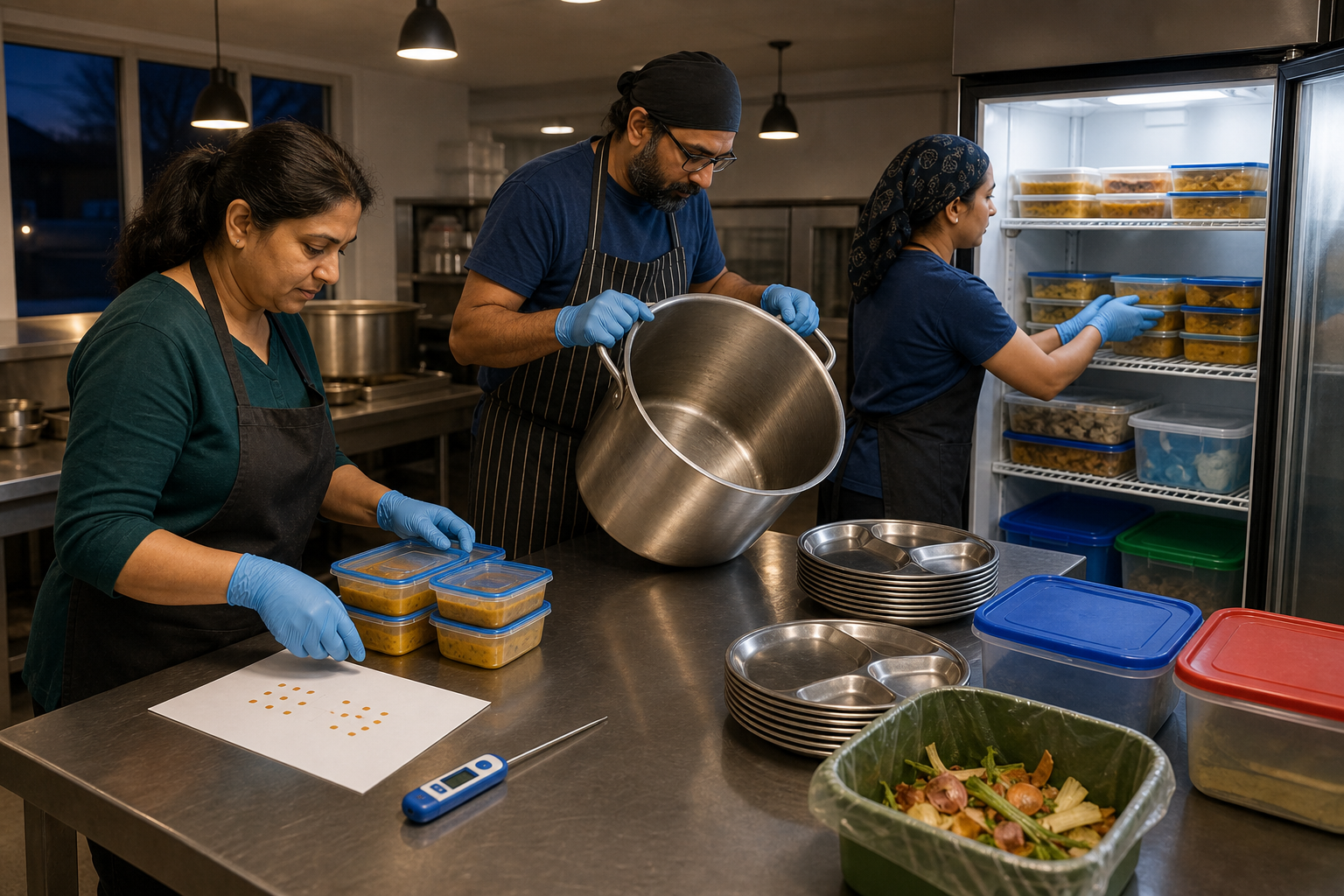 Volunteers count sealed meal portions, check refrigerated storage, inspect an empty cooking pot, and separate vegetable trimmings for compost after a community meal.