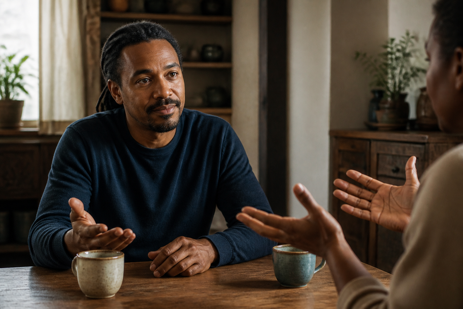 Two adults have a difficult conversation at a wooden table while one listens calmly with an open hand.