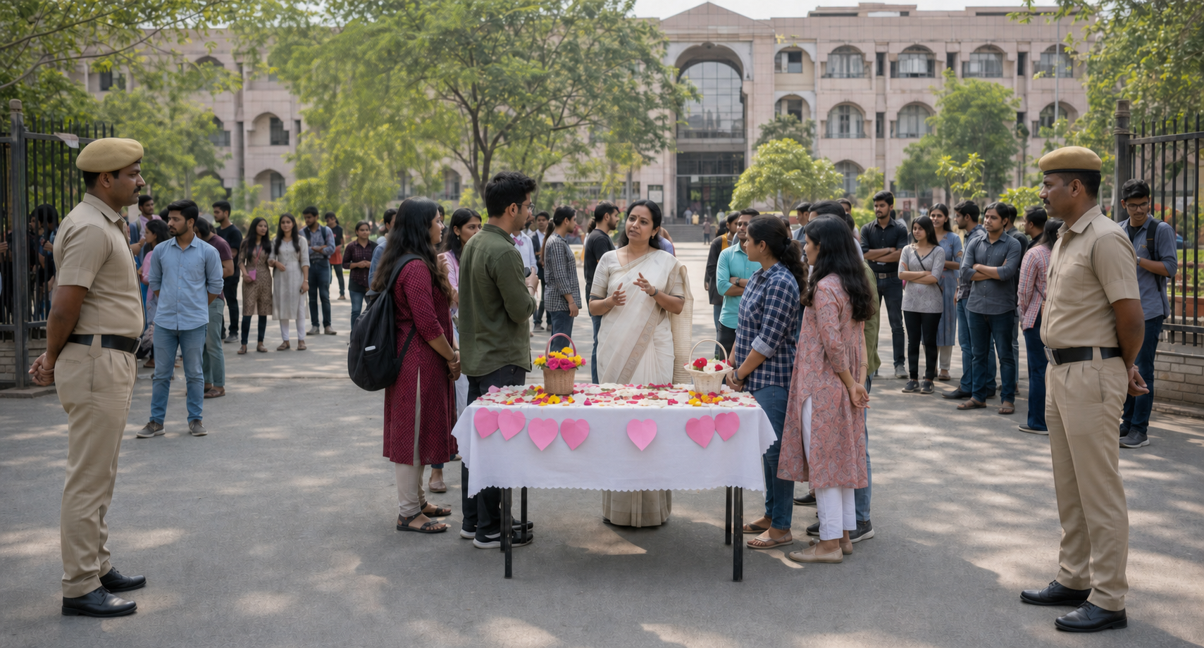 Police maintain a temporary safety boundary while a university administrator speaks with student organisers beside a paused campus event.