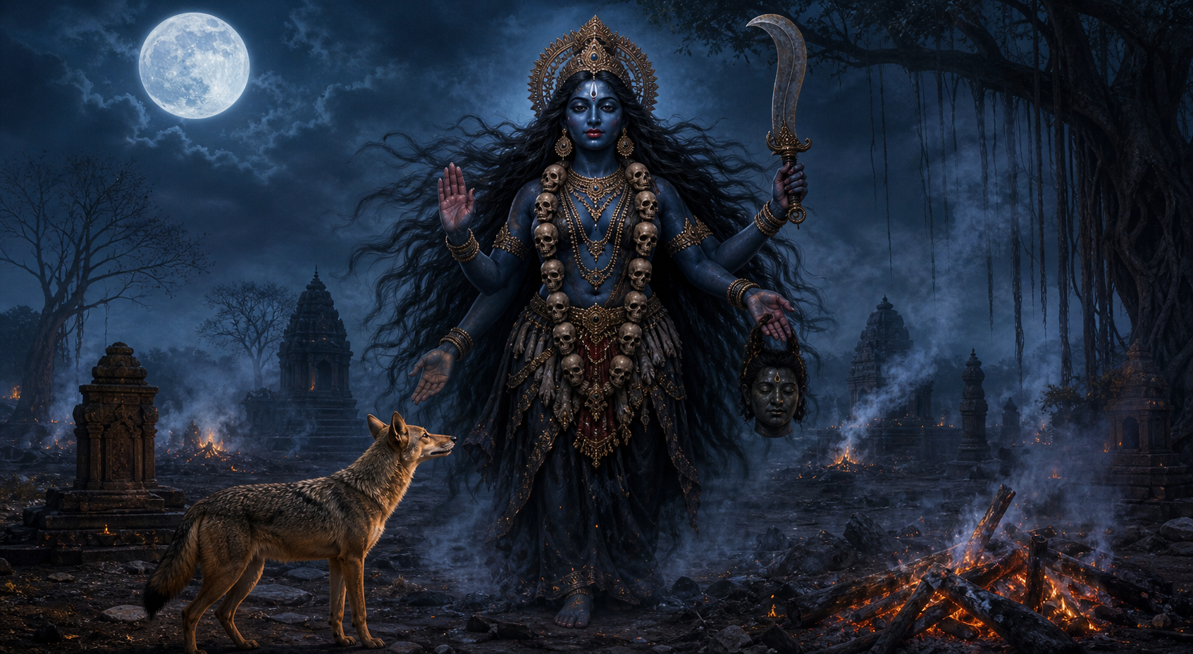 Kali stands calmly in a moonlit cremation ground while a golden-brown jackal watches beside cooling embers in the foreground.