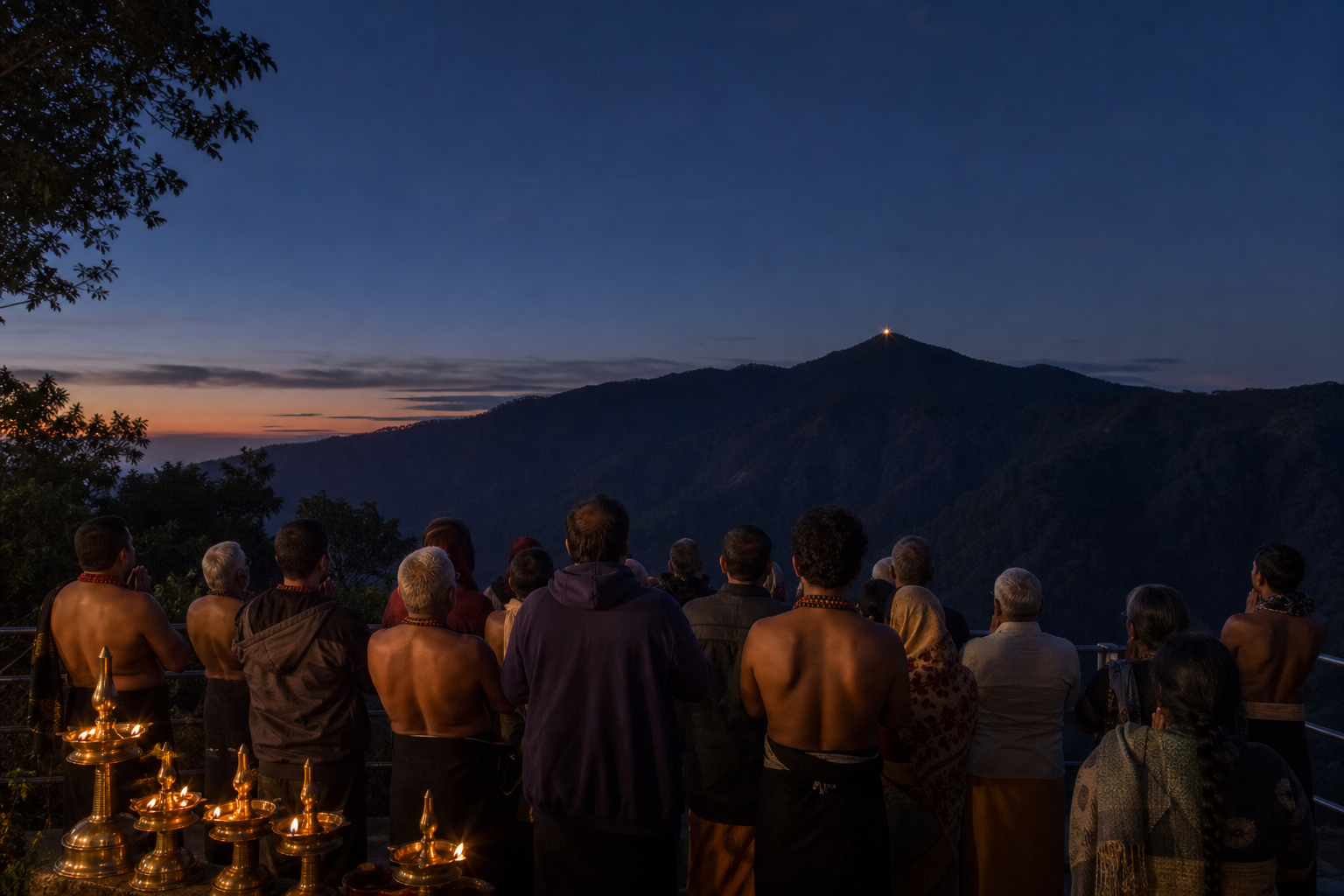 Ayyappa pilgrims pray quietly at twilight as lamps glow in the foreground and a distant light appears across a forested ridge.