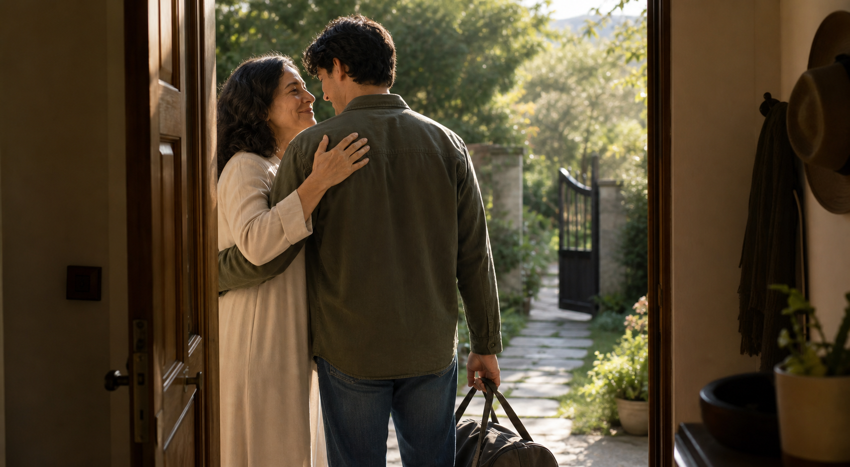 Two family members embrace beside an open garden gate as one prepares to leave with a travel bag.