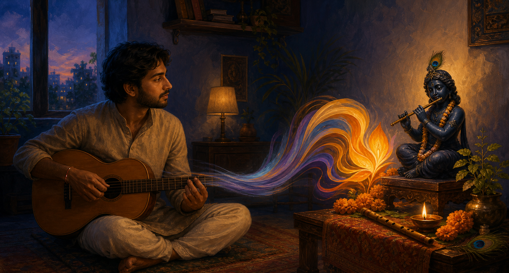 A musician at twilight plays a string instrument while facing a Krishna altar, as a ribbon of colored light transforms into glowing lotus-like forms.