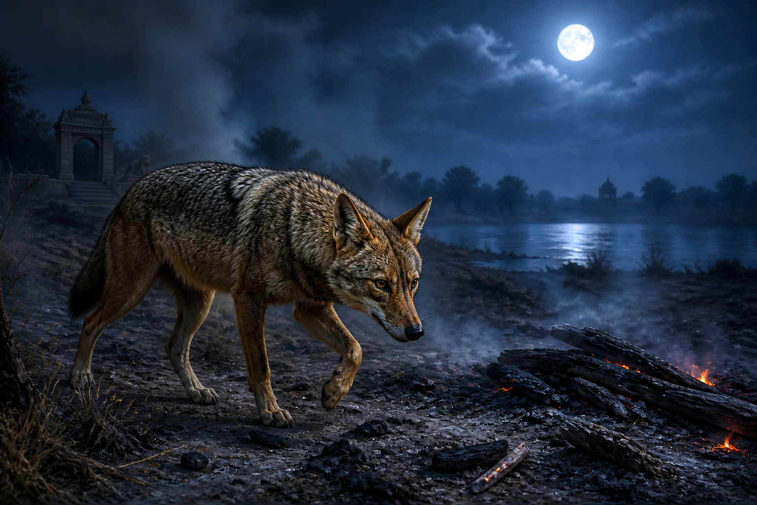 A golden-brown jackal walks alertly among ash, charred wood, and fading embers, with a small stone lion near a distant gateway.