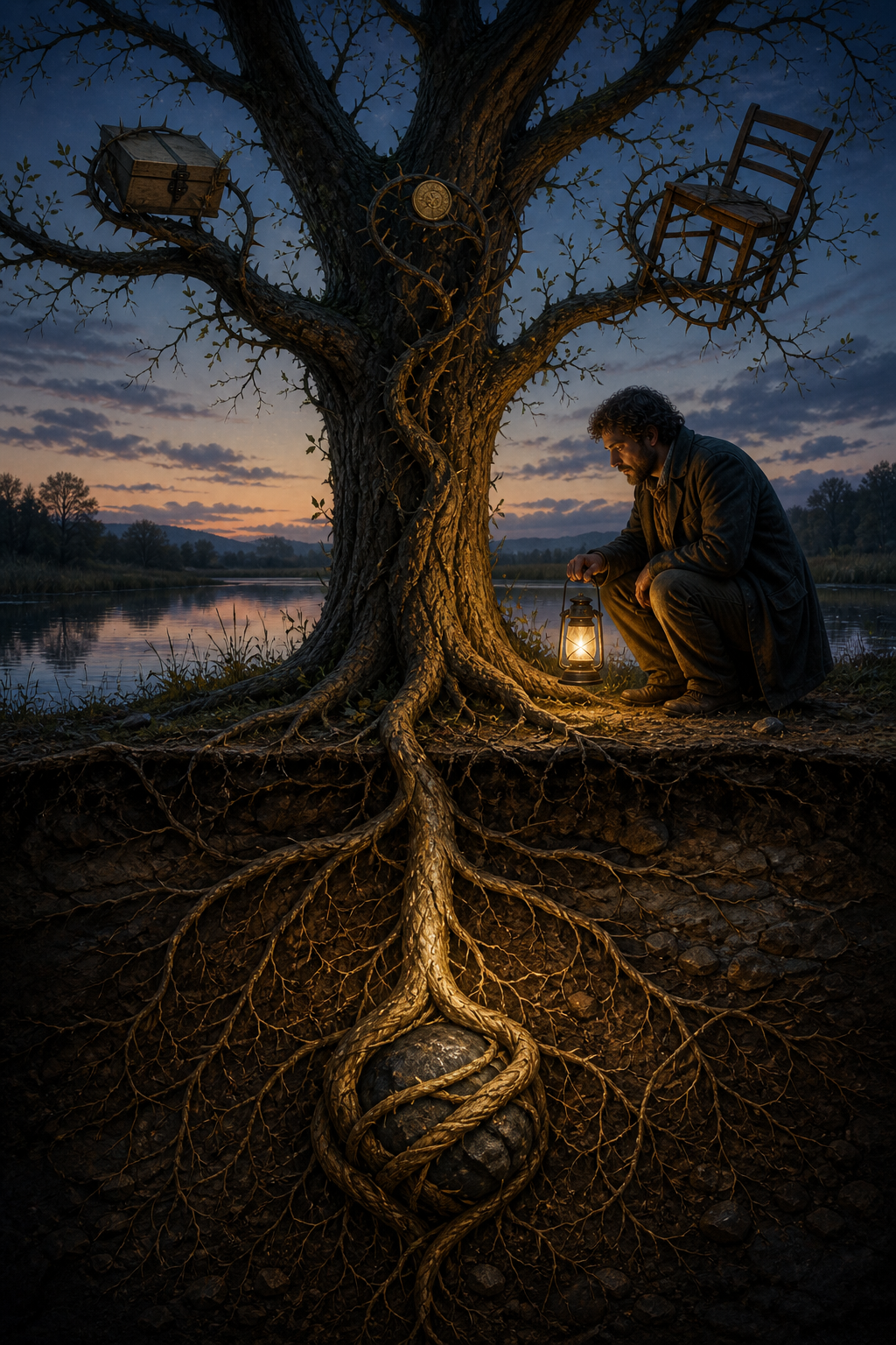A kneeling figure examines the exposed roots of a tree whose thorny branches curl around ordinary objects above ground.