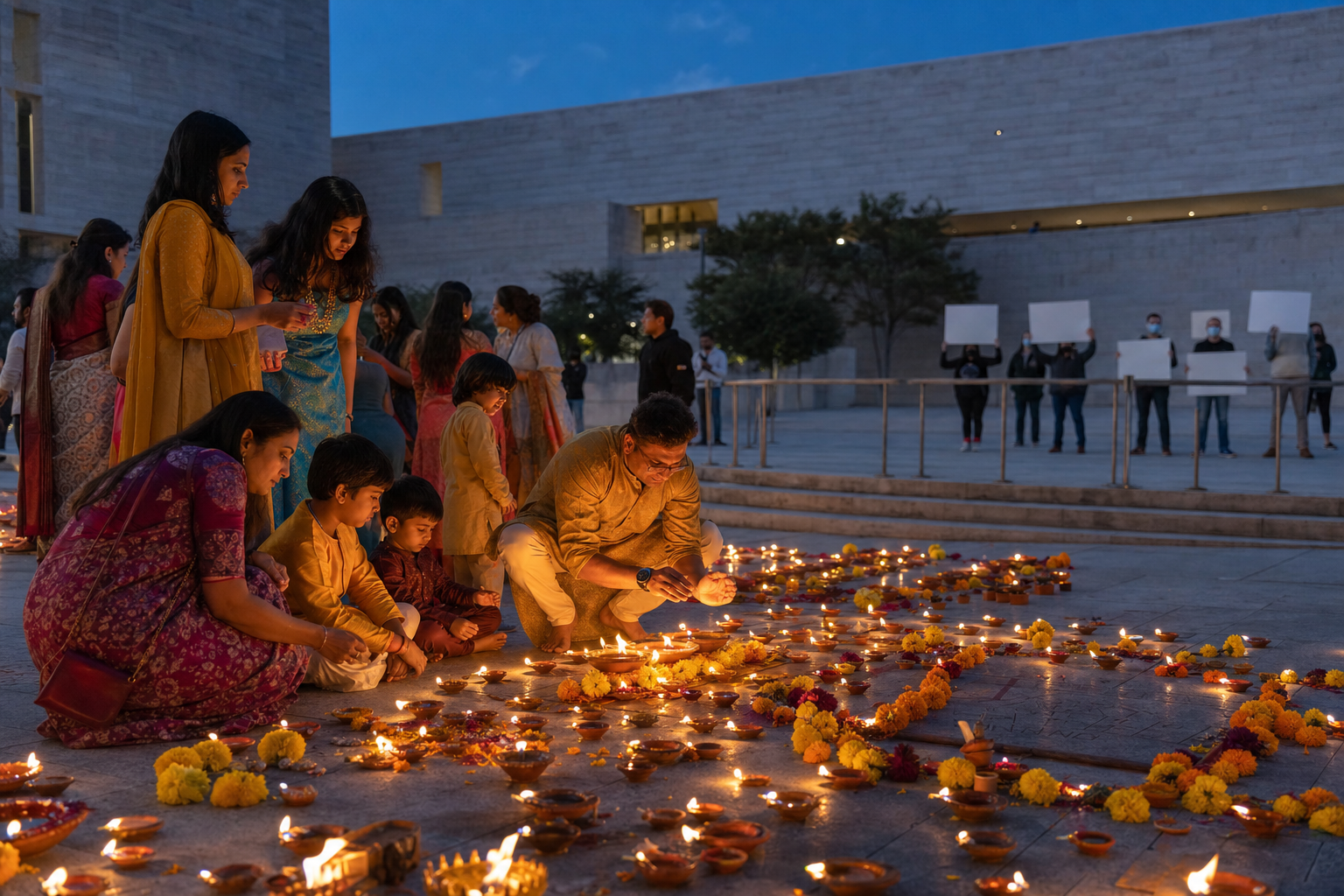 Hindu families and volunteers gather around glowing Diwali lamps in a Texas civic plaza while a small group of masked protesters stands behind a boundary in the distance.