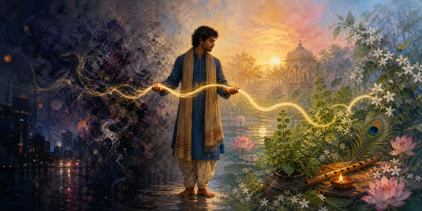 A musician carries a golden ribbon of light from a dim city setting toward a dawn garden with tulasi, flowers, a flute, and an oil lamp.