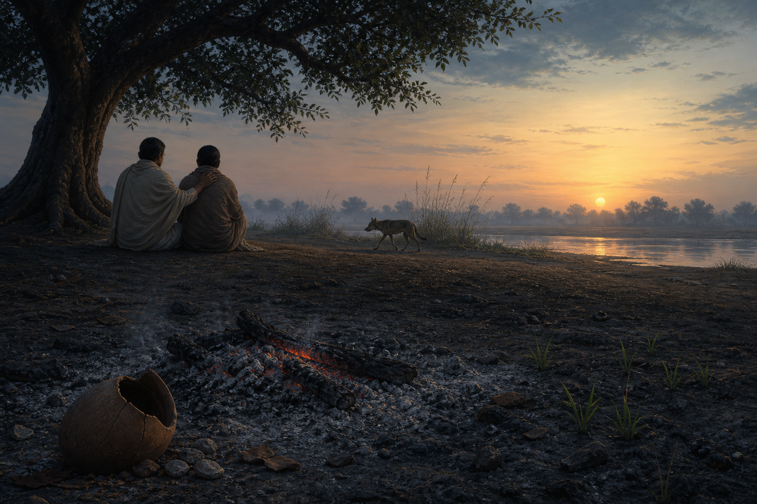 At dawn in a quiet cremation ground, one seated person comforts another while a jackal crosses beyond cooled ashes and small green shoots.