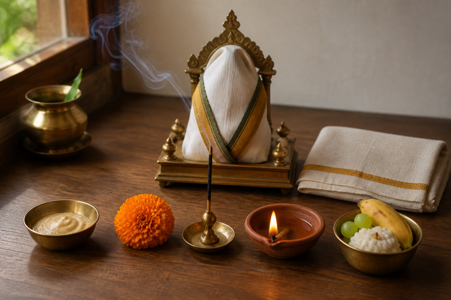 A compact home altar with sandalwood paste, a marigold, incense, an oil lamp, and a bowl of food arranged as five puja offerings.
