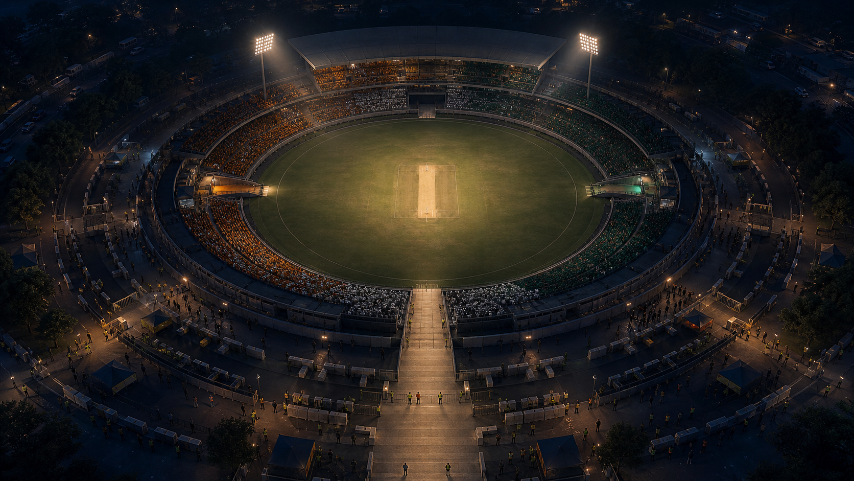 An illuminated cricket pitch inside a night stadium surrounded by spectator checkpoints and layered security barriers.