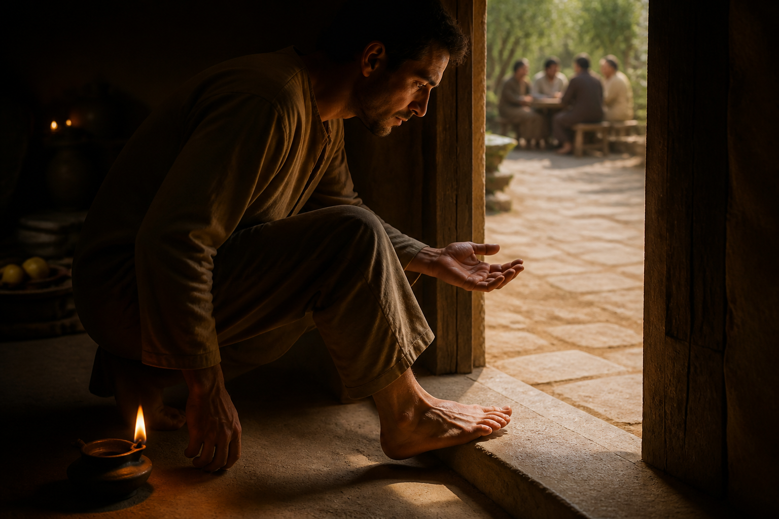 An adult pauses with one foot raised at a doorway while a small lamp lights the choice between two paths.