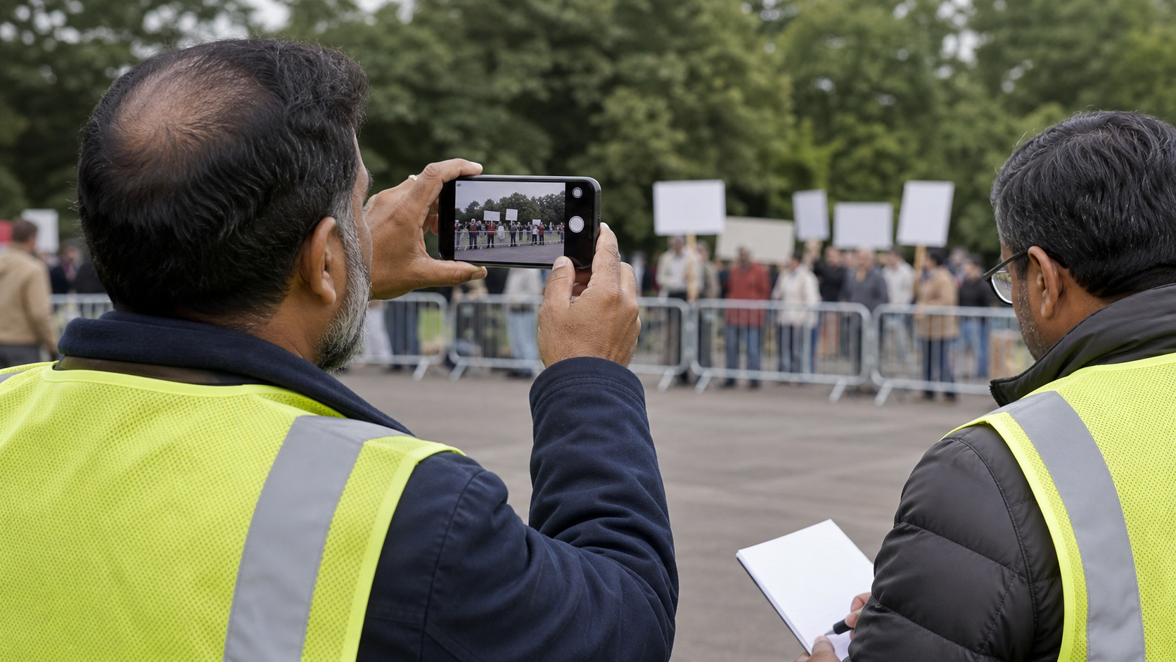 A community safety volunteer records a distant protest on a smartphone while another volunteer documents the incident from behind a barrier.