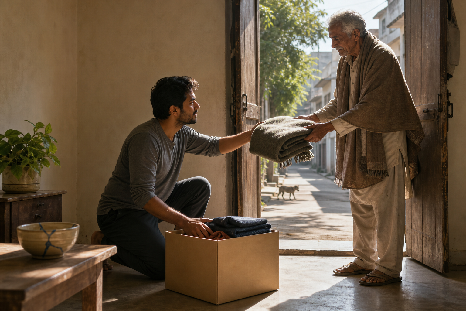 A person places belongings into a donation box and hands a blanket to an elderly neighbor while a distant jackal stands near trees outside.