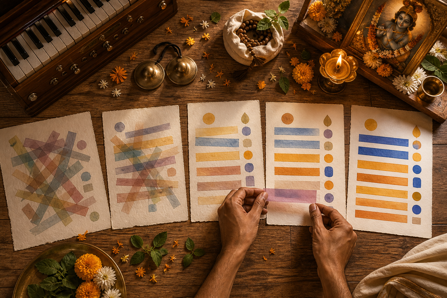 A songwriter's hands arrange abstract colored strips across several blank sheets beside a harmonium, hand cymbals, prayer beads, flowers, and an oil lamp.