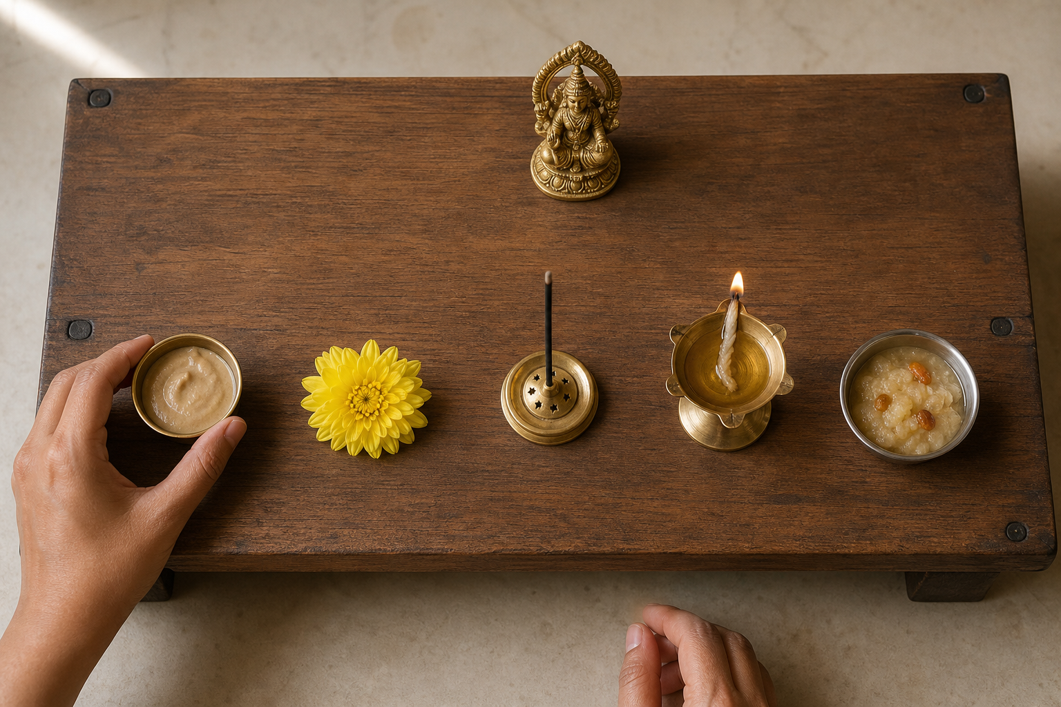 Five puja offerings are arranged in sequence as a devotee reaches toward the first bowl on a small wooden altar.