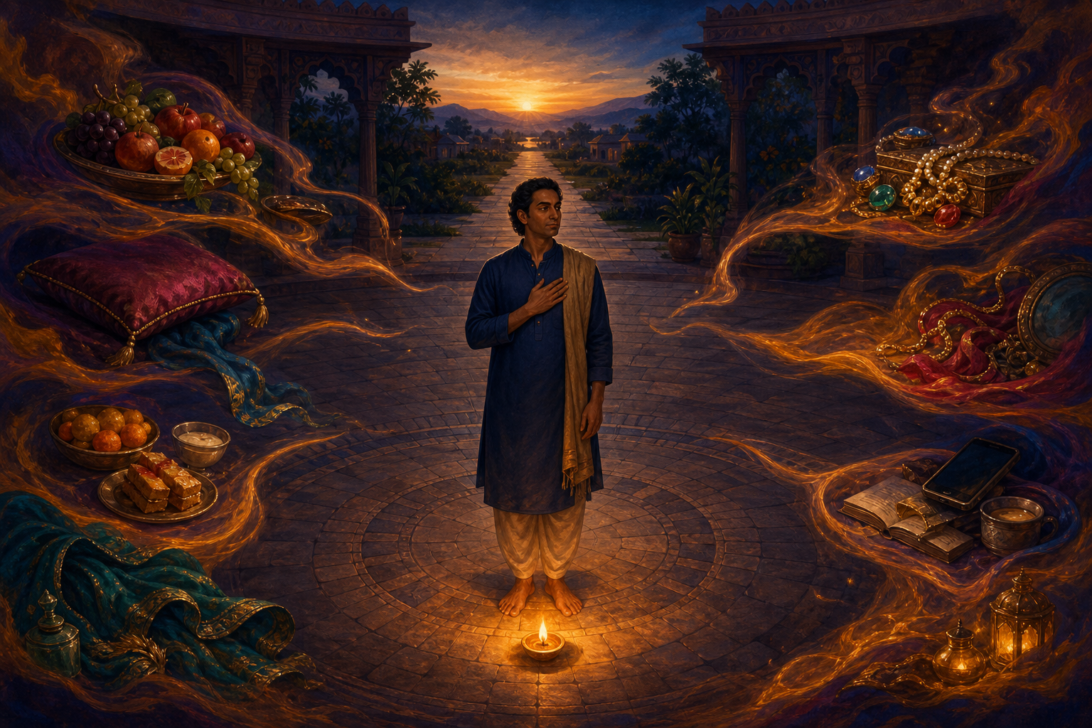 A calm person stands among swirling symbols of appetite, comfort, attraction, and status, with a steady clay lamp and an open path before them.