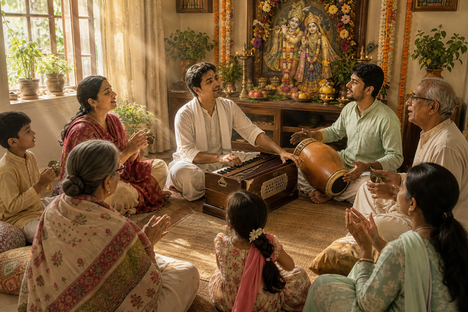 A small group of devotees sings together with harmonium, drum, and hand cymbals in a sunlit room before a flower-decorated Radha-Krishna altar.