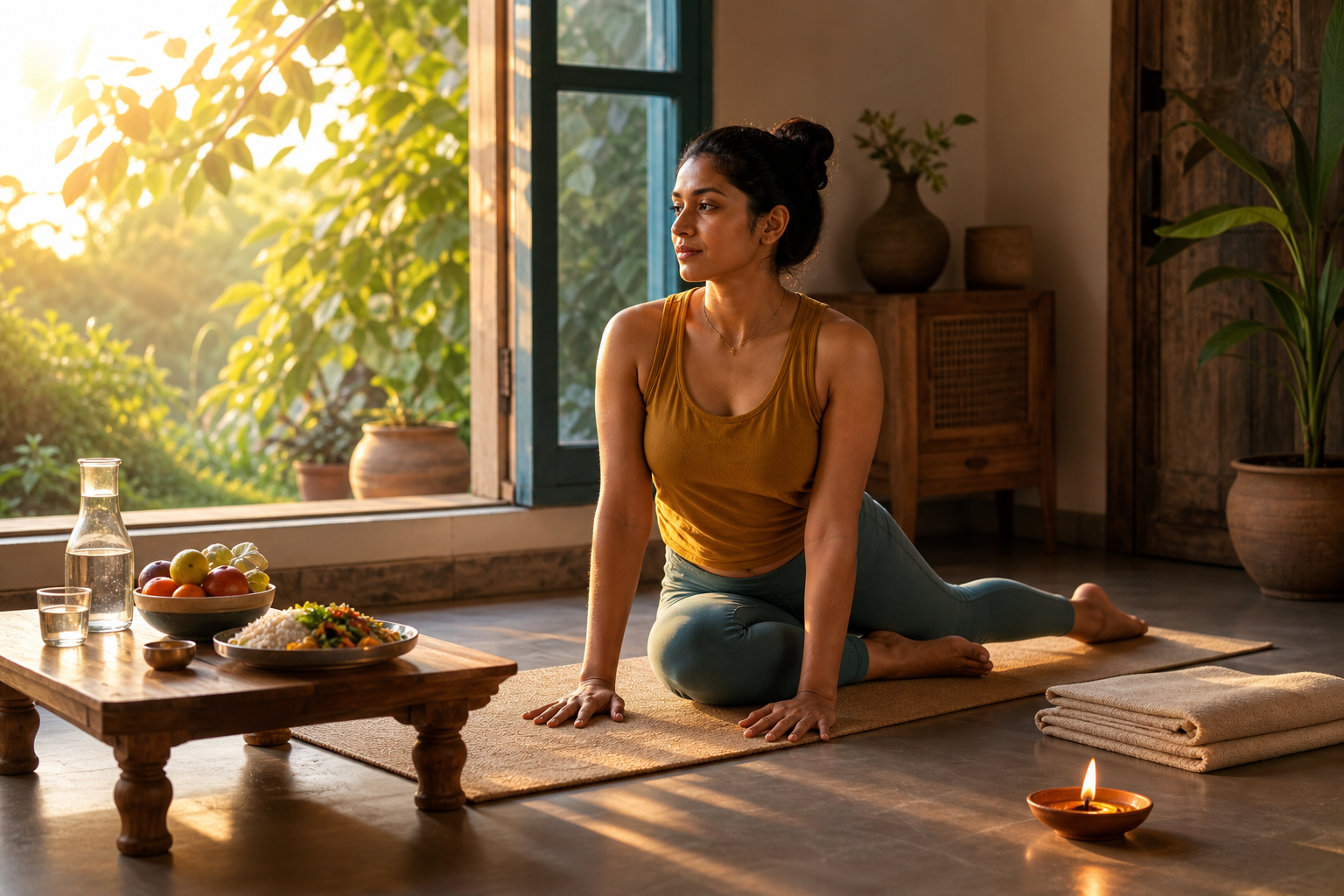 A person practices on the floor at sunrise beside water, fruit, a folded blanket, and a glowing clay lamp in an airy room.