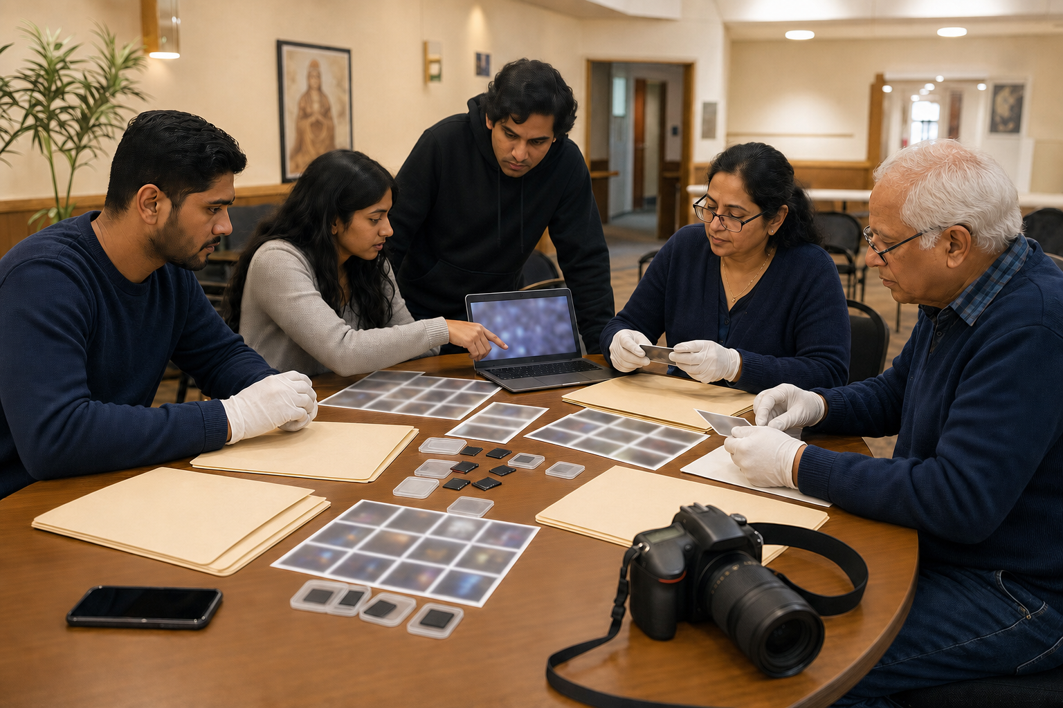 Hindu community volunteers organize photographs, digital media, and unmarked folders while reviewing evidence around a meeting table.