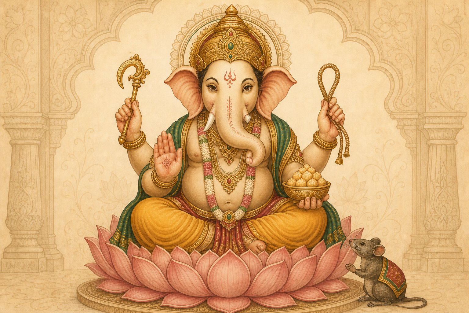 A four-armed seated Ganesha with a broken tusk, goad, noose, blessing hand, bowl of modakas, and a mouse near the pedestal.