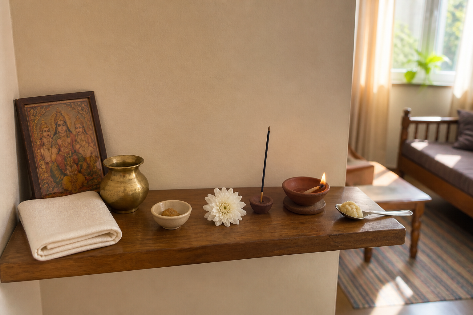 A narrow household shrine shelf holds small portions of sandalwood paste, one flower, incense, an oil lamp, and food.