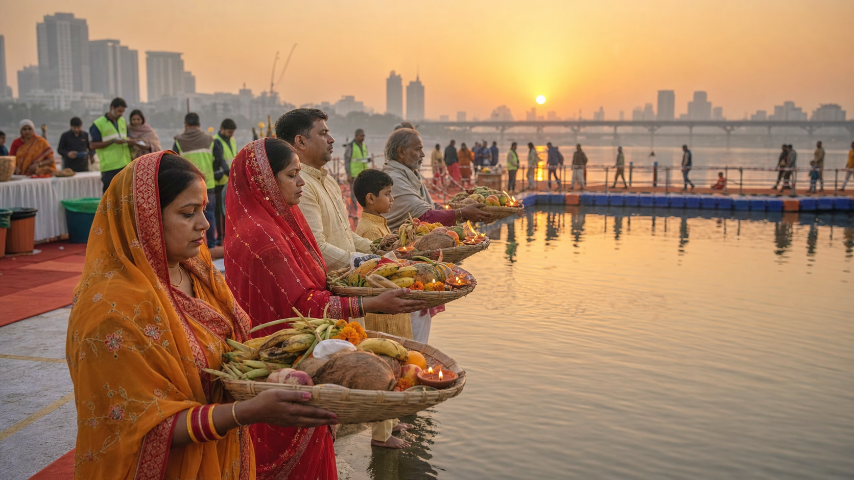 Chhath devotees offer arghya with fruit-filled bamboo baskets at a Delhi ghat while volunteers manage the clean and orderly site at sunset.