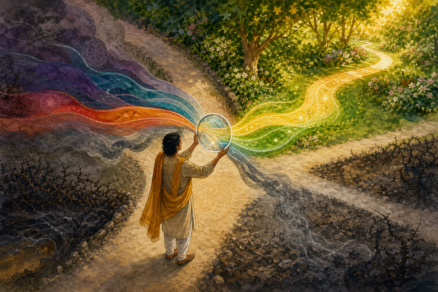 A person at a branching garden path holds a clear circular vessel as colored streams separate toward a flourishing grove or fade near thorny ground.