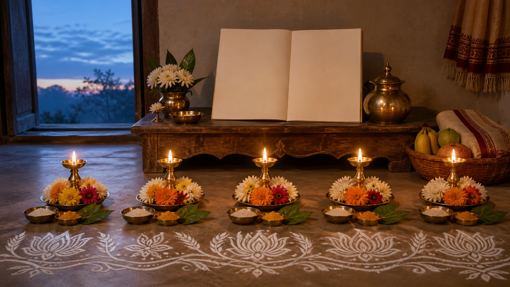 A home prayer corner with a brass lamp, rice, flowers, fruit, five small offering groupings, and a white rice-paste floor design.