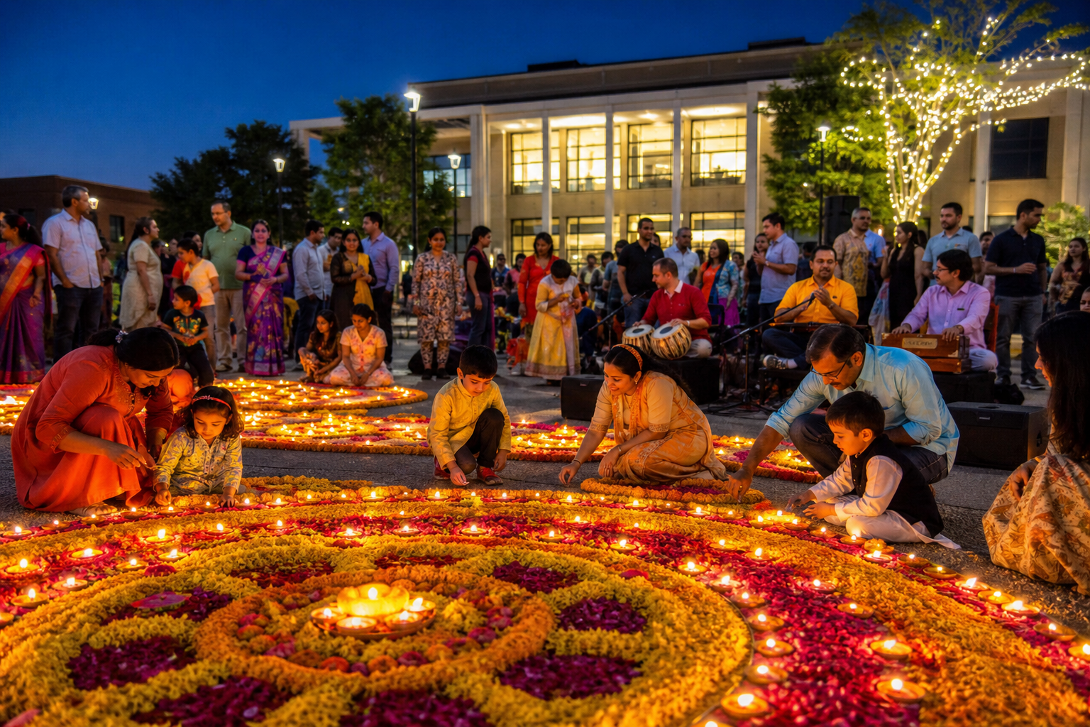 A diverse crowd joins Hindu families for a public Diwali celebration with glowing clay lamps and flower decorations in a Texas town square.
