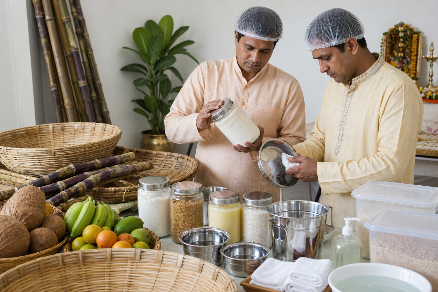 Committee volunteers inspect satvik ingredients, clean utensils, covered containers, and bamboo offering baskets at a Chhath preparation station.