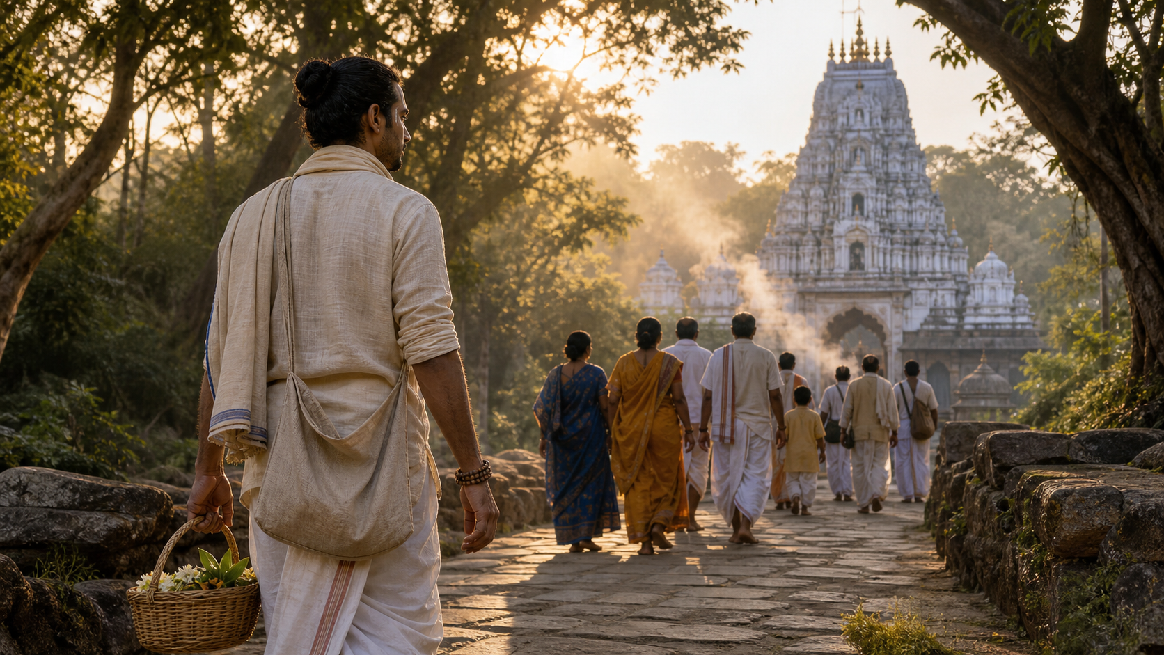 A pilgrim carrying flowers and prayer beads walks at sunrise toward a Vishnu temple with a multigenerational group ahead.