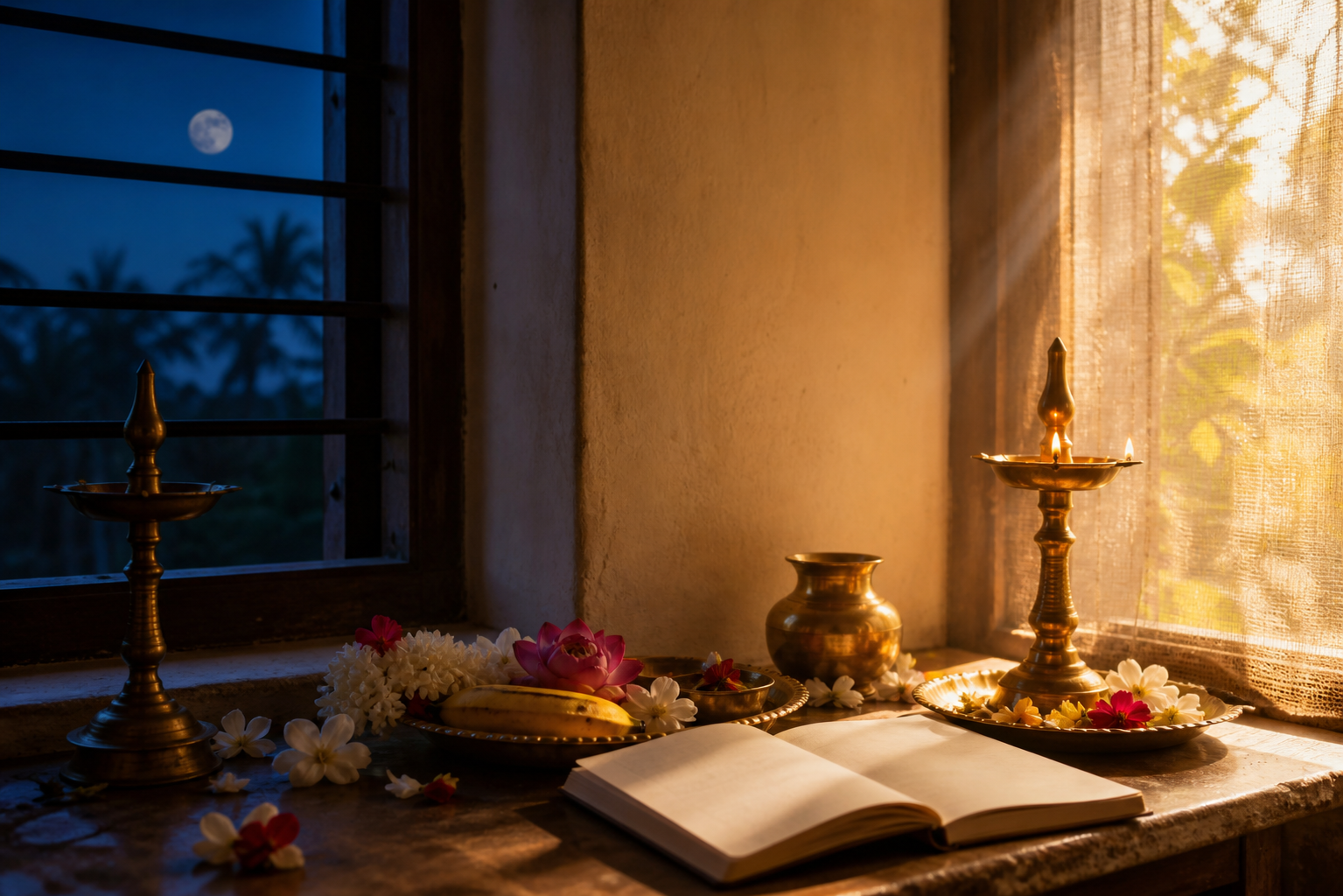 A home shrine changes from moonlit pre-dawn to sunlit morning beside a brass lamp and a blank almanac.