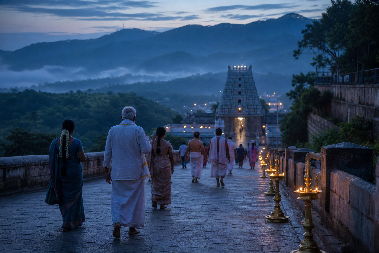 Devotees in traditional clothing walk along a stone approach toward a temple gateway in the misty Tirumala hills at dawn.